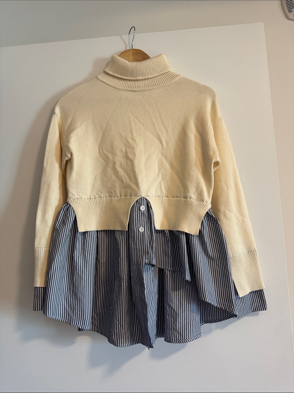 Maeve Cream Turtleneck Sweater with Blue-White Striped Shirt Hem
